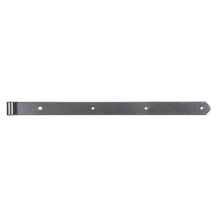 Alberts Scharnier Duravis® - L x B: 600 x 40 mm, Stärke: 5 mm, Verzinkt, Schwarzdiamant - Nahaufnahme eines metallenen Langbandes, ein Beschlag für Türen und Tore, der Stabilität und Haltbarkeit verspricht. Ideal für rustikale und moderne Anwendungen.