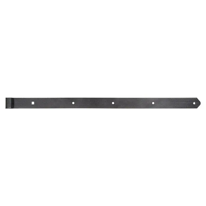 Alberts Scharnier Duravis® - L x B: 800 x 45 mm, Stärke: 5 mm, Verzinkt, Schwarzdiamant - Nahaufnahme eines schwarzen Türbandes, das für rustikale oder traditionelle Türen geeignet ist. Robuste Bauweise für eine lange Lebensdauer.