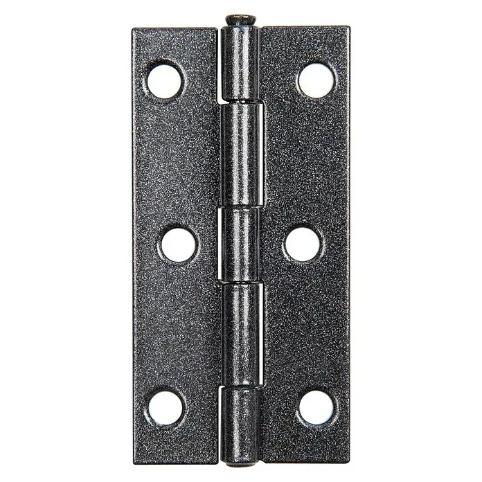 Alberts Bisagra Duravis® - L x An: 82 x 45 mm, Diamante negro - Primer plano de una bisagra de puerta con un acabado rústico oscuro y orificios para tornillos visibles.
