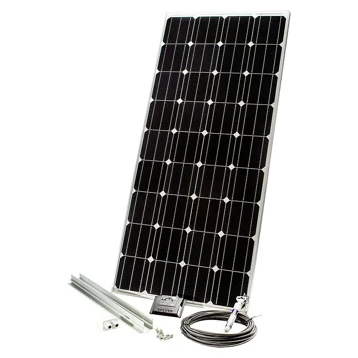 Sunset Solarmodul-Set Caravan - Nennleistung: 140 W, Für den Caravan- und Campingbereich - Das Bild zeigt ein Solarmodul-Komplettset. Das Set beinhaltet ein Solarmodul, Kabel, eine Steuereinheit und Montagehalterungen zur Installation.