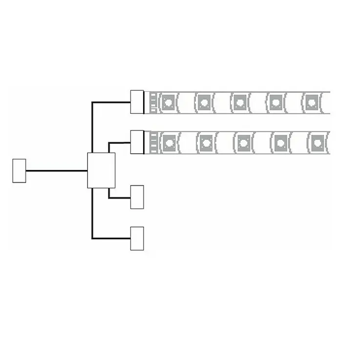 Paulmann Distribuidor YourLED Junction-Box - Plástico, Blanco - Diagrama de un sistema de iluminación con tiras LED, que muestra la fuente de alimentación y las conexiones del controlador.