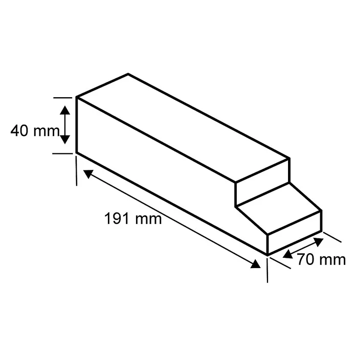 Paulmann Plug & Shine LED-Trafo - Max. Leistung: 150 W, 24 V, Silber, IP67 - Bild einer perspektivischen Zeichnung eines Holzklotzes mit den Maßen 191 x 40 x 70 mm.