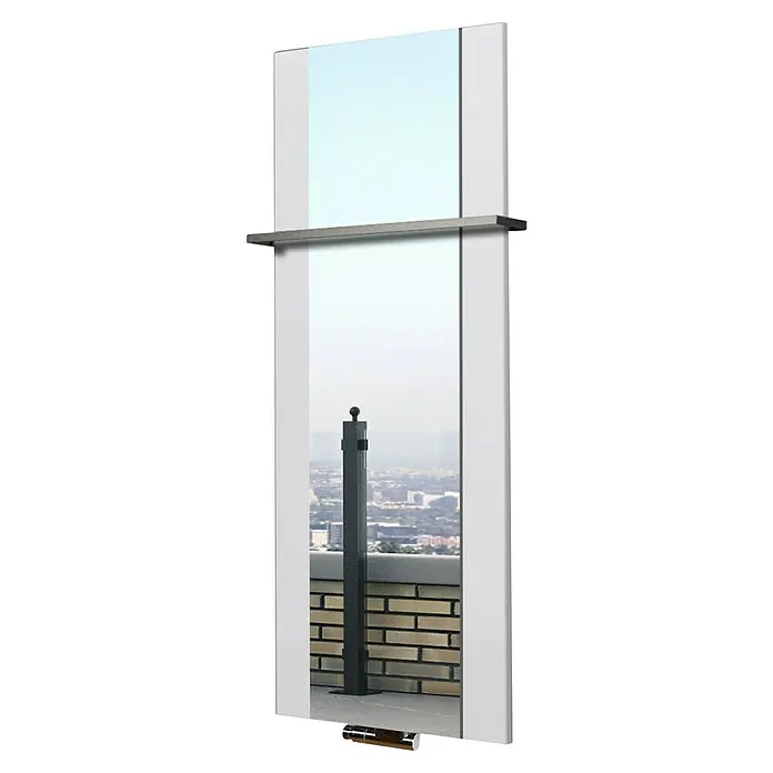 Szagato Designheizkörper Singapur - B x H: 470 x 1.200 mm, Wärmeleistung bei Vorlauftemperatur von 75 °C (D: 50): 799 W, Weiß, Mit 1 Handtuchhalter (15 mm) - Diese Aufnahme zeigt eine stilvolle Glasbalustrade mit schlichtem Design und einer robusten Stahlkonstruktion, die Sicherheit mit Ästhetik verbindet.