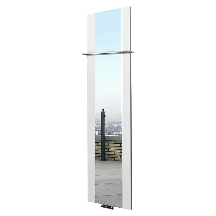 Szagato Designheizkörper Singapur - B x H: 470 x 1.800 mm, Weiß, Mit 1 Handtuchhalter (15 mm) - Eine elegante Ganzkörperspiegel-Garderobe in voller Länge mit schmalem Rahmen und einer Stange zum Aufhängen von Kleidung.