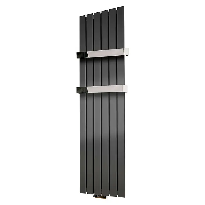 Szagato Designheizkörper Peking - B x H: 470 x 1.800 mm, Moonstone-Grau, 2 Handtuchhalter (50 mm) glänzend - Dieser Handtuchwärmer in Anthrazit mit polierten Chromakzenten bietet stilvolle Wärme und praktische Handtuchhalter für Ihr Badezimmer.