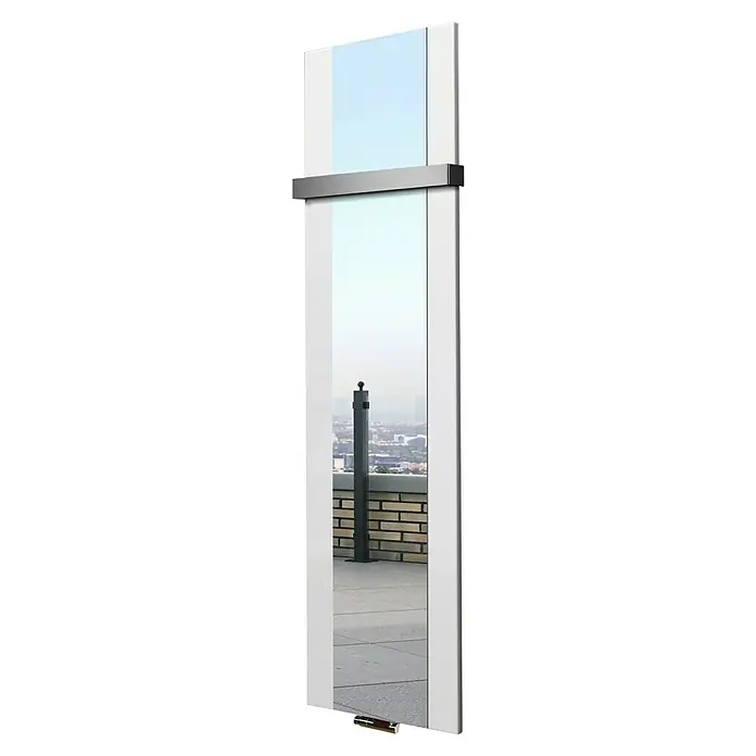 Szagato Designheizkörper Singapur - B x H: 470 x 1.800 mm, Weiß, Mit 1 Handtuchhalter (50 mm) - Die schlanke Ganzkörperspiegel ist modern und rahmenlos, ideal für stilvolle Flure und Ankleidezimmer. Er reflektiert das Umfeld elegant.