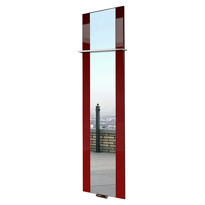 Szagato Designheizkörper Singapur - B x H: 470 x 1.800 mm, Rot, Mit 1 Handtuchhalter (15 mm) - Der elegante Spiegel mit seinem markanten roten Rahmen und dem schlichten Design, verleiht jedem Raum einen Hauch von Stil und Funktionalität.