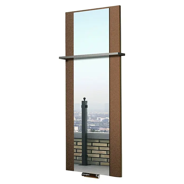 Szagato Designheizkörper Singapur - B x H: 470 x 1.200 mm, Wärmeleistung bei Vorlauftemperatur von 75 °C (D: 50): 799 W, Braun, Silber, Mit 1 Handtuchhalter (15 mm) - Elegantes Wandspiegeldesign mit Ablage. Perfekt für stilvolle Badezimmer oder Ankleidezimmer. Er verleiht Ihrem Raum Eleganz und Funktionalität.