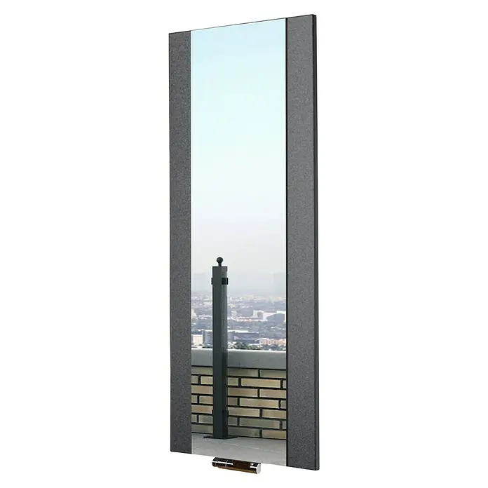 Szagato Designheizkörper Singapur - B x H: 470 x 1.200 mm, Wärmeleistung bei Vorlauftemperatur von 75 °C (D: 50): 799 W, Moonstone-Grau, Ohne Handtuchhalter - Dieser hochformatige Spiegel mit grauem Rahmen bietet einen Blick auf eine städtische Landschaft. Er eignet sich für Innen- und Außenbereiche.