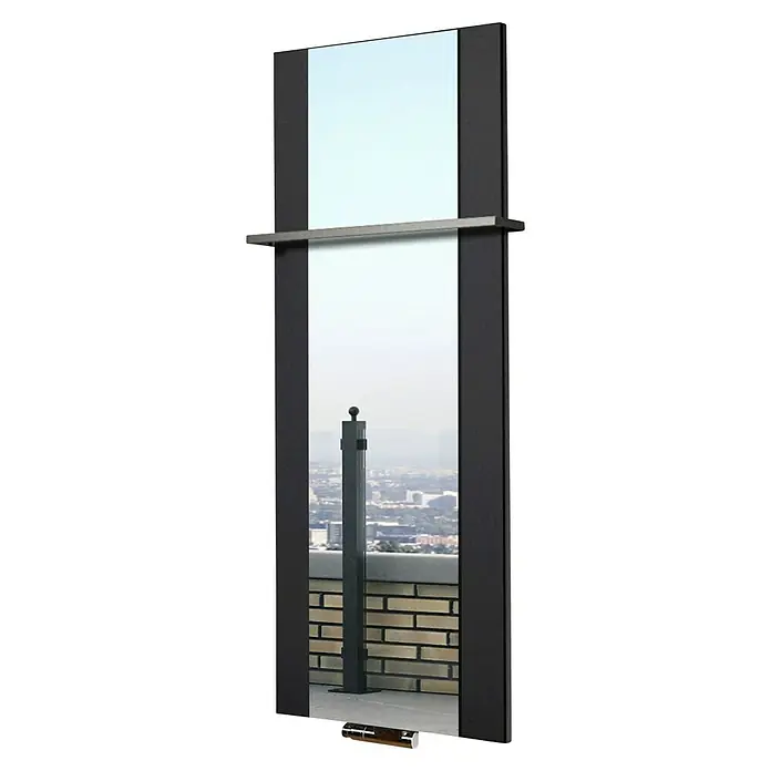 Szagato Designheizkörper Singapur - B x H: 470 x 1.200 mm, Wärmeleistung bei Vorlauftemperatur von 75 °C (D: 50): 799 W, Schwarz, Mit 1 Handtuchhalter (15 mm) - Ein schlanker, moderner Spiegel mit schwarzem Rahmen und einer Ablage, der einen Blick auf eine Stadtlandschaft reflektiert. Elegantes Design für stilvolle Räume.