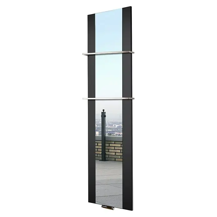 Szagato Designheizkörper Singapur - B x H: 470 x 1.800 mm, Schwarz, Mit 2 Handtuchhalter (15 mm) - Ein langer, moderner Spiegel mit schwarzem Rahmen und zwei silbernen Stangen. Er reflektiert eine urbane Dachterrasse mit Ausblick.