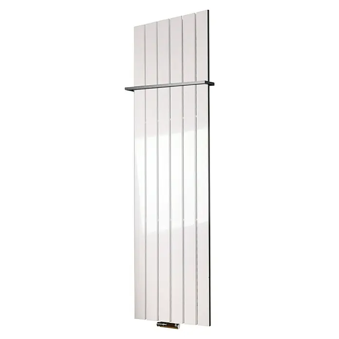 Szagato Designheizkörper Peking - B x H: 470 x 1.800 mm, Weiß, Mit 1 Handtuchhalter (15 mm) - Moderner Heizkörper mit vertikalen weißen Paneelen und einem horizontalen Handtuchhalter. Elegantes Design für jedes Badezimmer.