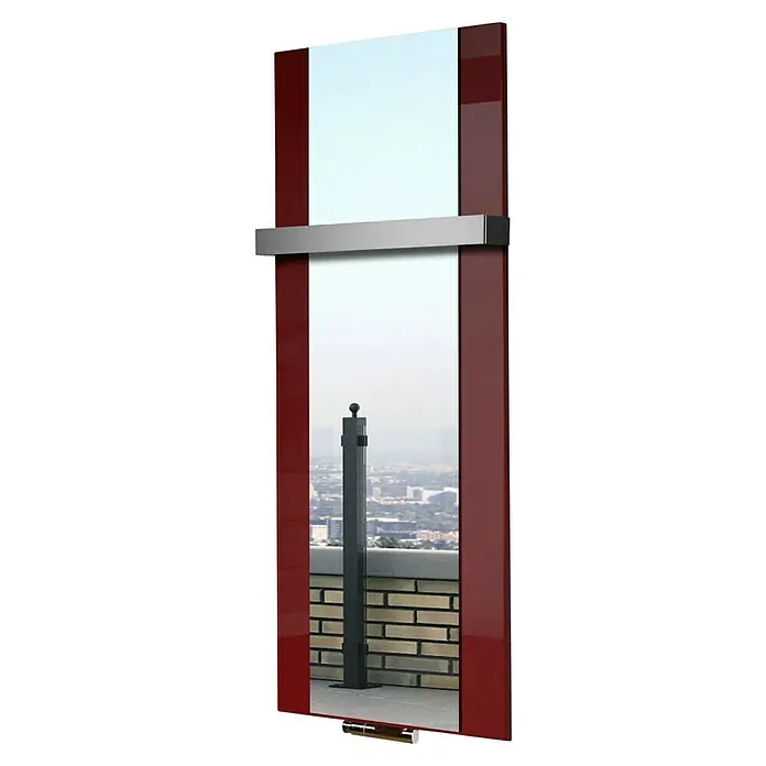 Szagato Designheizkörper Singapur - B x H: 470 x 1.200 mm, Wärmeleistung bei Vorlauftemperatur von 75 °C (D: 50): 799 W, Rot, Mit 1 Handtuchhalter (50 mm) - Das Produkt ist ein Wandspiegel mit einem modernen Design. Er hat einen roten Rahmen und eine Ablage. Ideal für Badezimmer oder Ankleidezimmer.