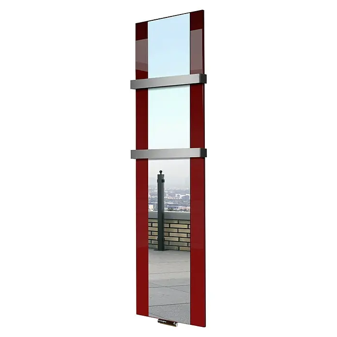 Szagato Designheizkörper Singapur - B x H: 470 x 1.800 mm, Rot, Mit 2 Handtuchhalter (50 mm) - Roter, glänzender Heizkörper mit verspiegelter Oberfläche und silbernen Halterungen für eine moderne Optik.