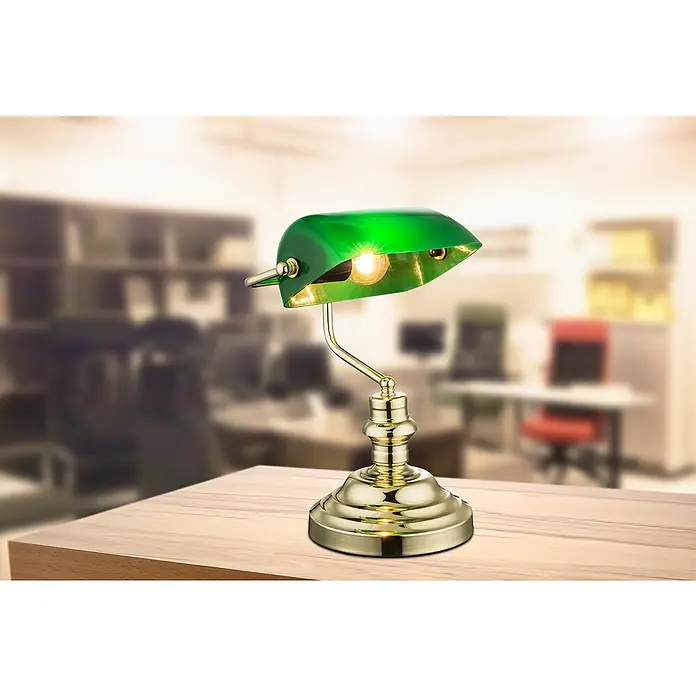 Globo Tischleuchte Bankerslamp - 60 W, L x B x H: 25 x 19 x 36 cm, Messing, Grün, E27 - Tischleuchte mit grünem Schirm.