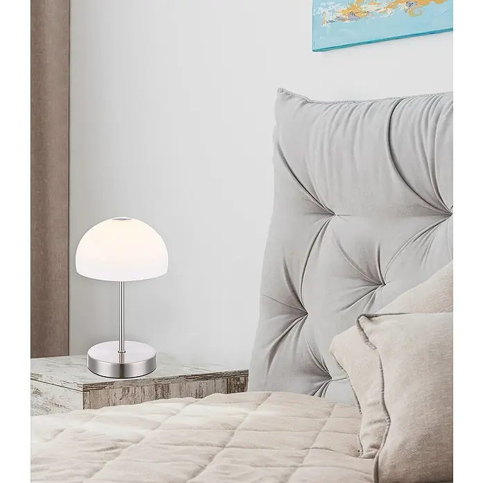 Globo Tischleuchte SNOWFLAKE - 5 W, Nickel-matt, Lampenfassung: Sonstige - Elegante Nachttischlampe mit sanftem Licht. Ideal für eine entspannte Atmosphäre im Schlafzimmer, kombiniert Stil und Funktionalität perfekt.