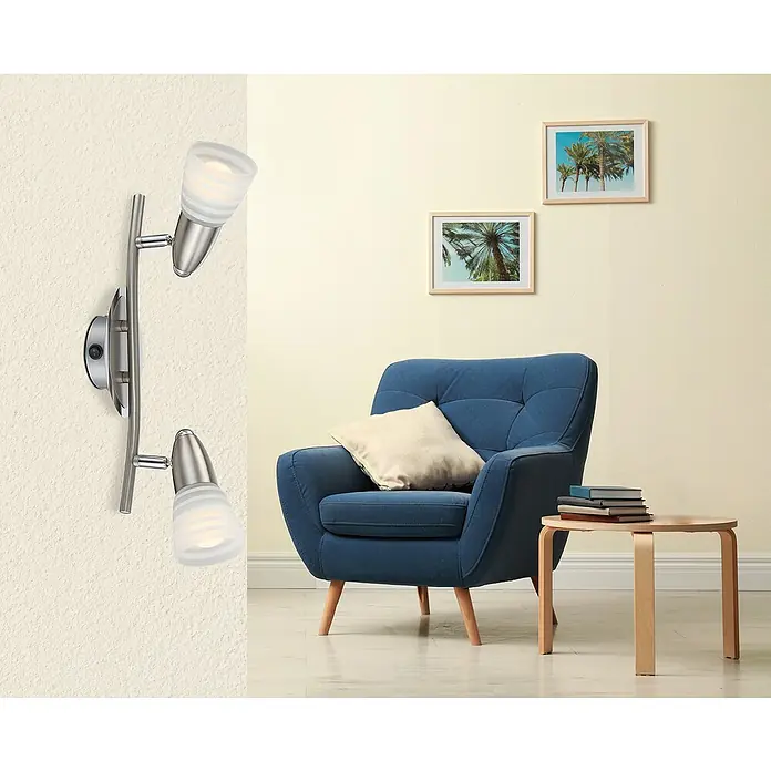 Globo Caleb LED-Wand- & Deckenstrahler - 8 W, Chrom, Opal, Warmweiß, 2 Stk. - Wandleuchte mit zwei Strahlern aus gebürstetem Stahl und Lampenschirmen aus satiniertem Glas. Modernes Design für eine angenehme Beleuchtung.