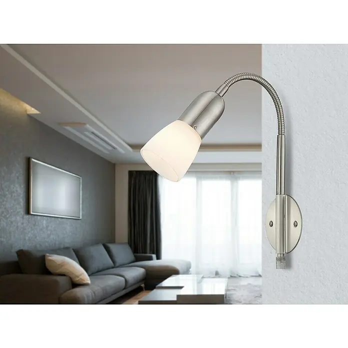 Globo Wandstrahler Cathy - 40 W, Nickel matt, Weiß, E14 - Moderne Wandleuchte mit flexiblem Arm und mattiertem Glasschirm, ideal für Schlafzimmer oder Wohnbereich. Elegantes Design in Silber.