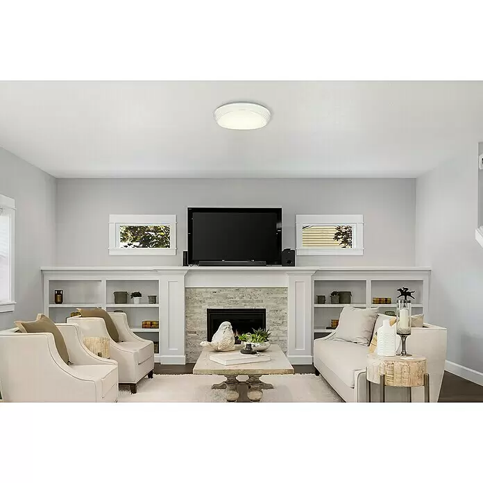 Lavida LED-Deckenleuchte rund Barrea - 24 W, Ø x H: 400 mm x 10 cm, Weiß - Runde weiße gerippte Deckenleuchte, die ein Wohnzimmer beleuchtet.