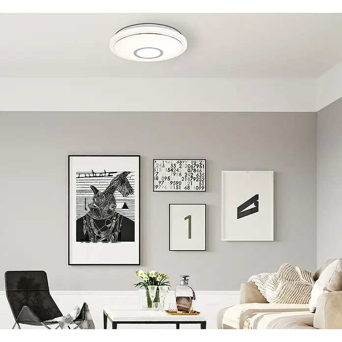 Lavida LED-Deckenleuchte rund Solesino - 16 W, Ø x H: 400 mm x 8 cm, Weiß - Nahaufnahme einer modernen Deckenleuchte mit kreisförmigem Design, die eine elegante und effiziente Beleuchtungslösung bietet.