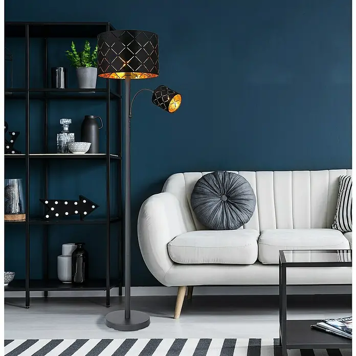 Globo Lámpara de pie Sunna - Altura: 162 cm - Elegante lámpara de pie con dos luces y pantalla negra con interior dorado, ideal para espacios de vida elegantes.