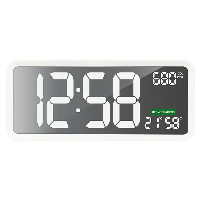 Technoline Luftqualitätsmonitor CO2 WL 1040 mit Uhrzeit - Digitales Display, 4 x 37 x 16 cm, Weiß - Eine digitale Anzeige zeigt die Uhrzeit 12:58, einen CO2-Gehalt von 680 ppm und eine Temperatur von 21.58°C an.