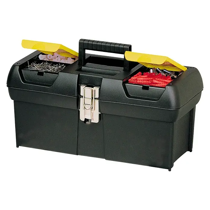Stanley Caja para herramientas Millenium - L x An x Al: 41,1 x 18,5 x 19,9 cm, 16″, Plástico - Caja de herramientas negra con tapas amarillas, llena de varias herramientas.