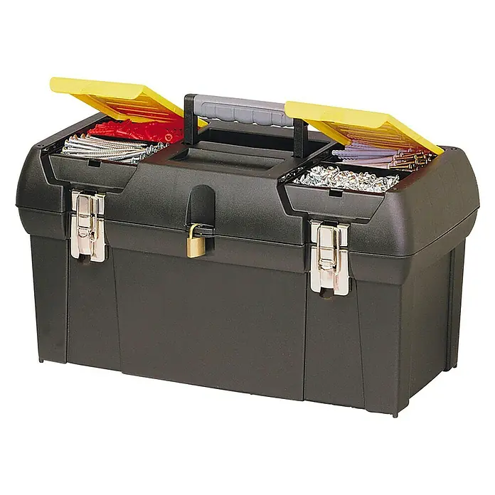 Stanley Caja para herramientas Millenium - L x An x Al: 48,9 x 24,8 x 26 cm, 19'', Plástico - Caja de herramientas de plástico con tapas amarillas, mostrando una variedad de tornillos y pernos, asegurada con un candado.