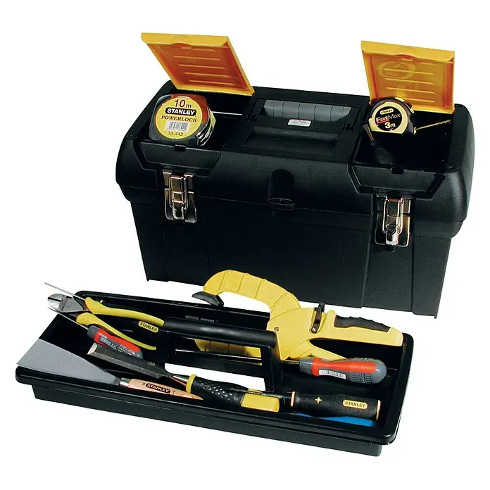Stanley Caja para herramientas Millenium - L x An x Al: 48,9 x 24,8 x 26 cm, 19'', Plástico - Caja de herramientas Stanley negra con herramientas como alicates, destornilladores y cintas métricas, ideal para aficionados al bricolaje y profesionales.