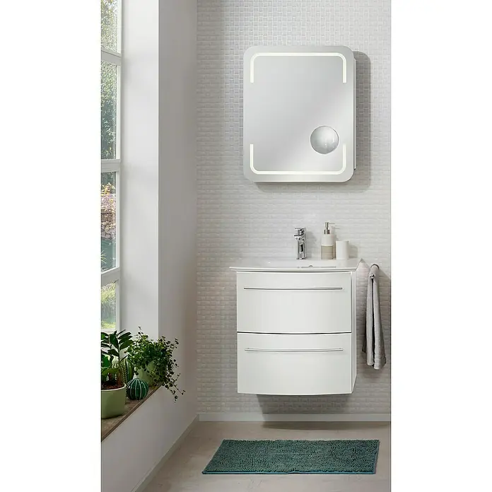 Camargue Stella LED-Spiegelschrank - B x H: 60 x 73,7 cm, Holz, Weiß, DIN Anschlag: Rechts, Kantenausführung Tür: Abgerundet - Elegantes Badezimmer-Interieur mit einem modernen, beleuchteten Spiegelschrank und einem stilvollen Waschtisch mit zwei Schubladen.