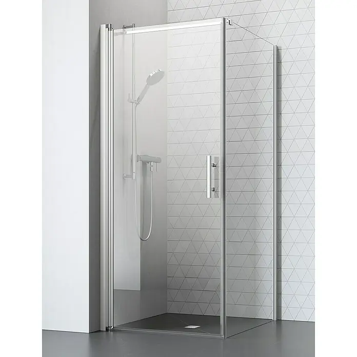 Camargue Vario Eckdusche S3+S8 - L x B x H: 90 x 100 x 195 cm, Beschichtet, Silber, Glasstärke: 6 mm - Duschkabine mit klarem Glas und Chrombeschlägen, die ein modernes Badezimmer-Design hervorhebt. Perfekt für stilvolle und funktionale Bäder.