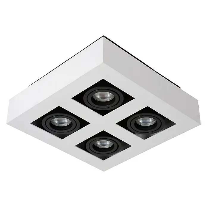 Lucide Plafón LED Xirax - 20 W, L x An x Al: 25 x 25 x 8,8 cm, Blanco, Blanco cálido - Lámpara de techo cuadrada con cuatro focos LED, diseño moderno en blanco y negro para iluminación.