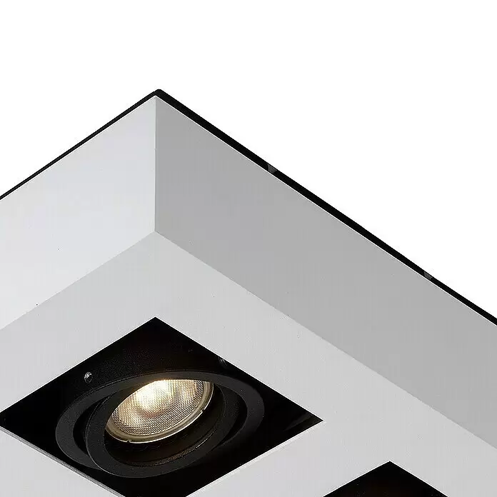 Lucide Plafón LED Xirax - 20 W, L x An x Al: 25 x 25 x 8,8 cm, Blanco, Blanco cálido - Foco empotrado blanco con interior cuadrado negro y bombilla encendida, con diseño geométrico escalonado.