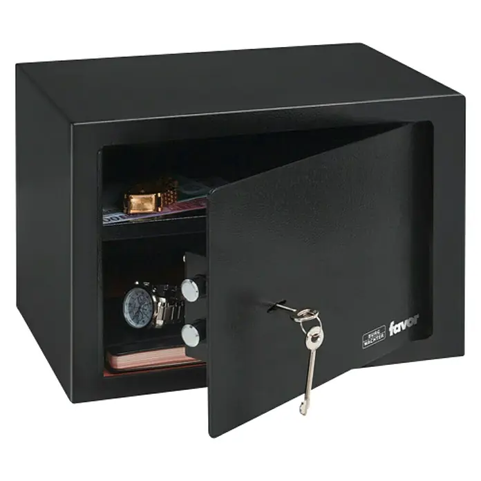 Burg-Wächter Favor Möbeltresor - L x B x H: 25 x 35 x 25 cm, Sicherheits-Doppelbartschloss - Geöffneter, schwarzer Tresor mit Schlüssel, Uhr, Geld und Schmuck im Inneren. Ideal zur sicheren Aufbewahrung von Wertsachen.