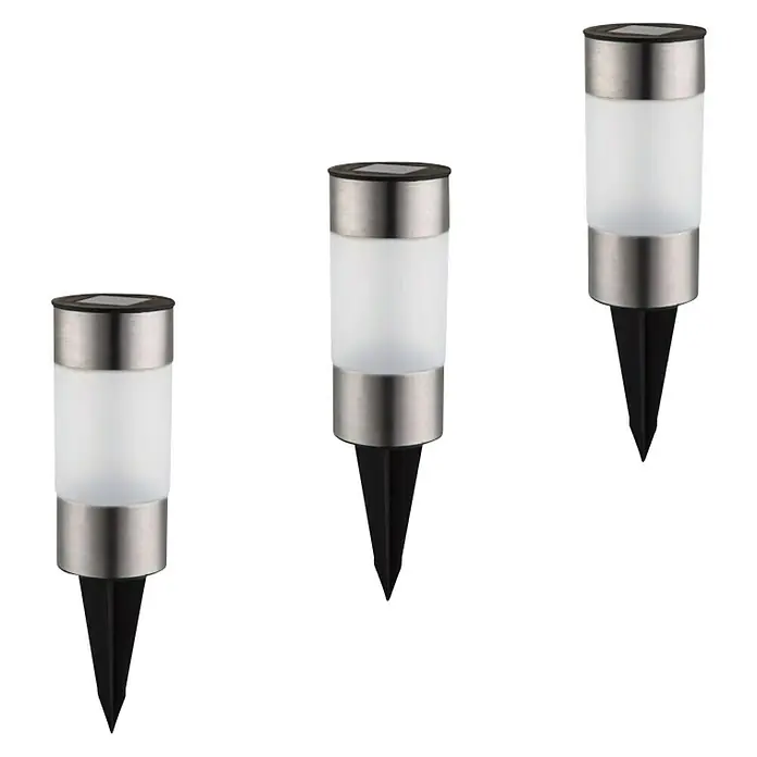 Globo Solarleuchten-Set Mini Tube - 0,06 W, Klar, Silber, IP44 - Drei Solarleuchten aus Edelstahl und Kunststoff mit Erdspieß für den Garten. Die Leuchten sind zylindrisch und geben ein warmes Licht.