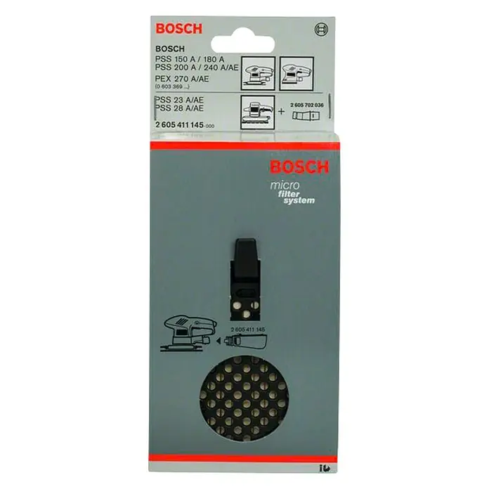 Bosch Filtro de aspiración HW2 - Plástico - Imagen de un sistema de microfiltro Bosch adecuado para varios modelos de lijadora como PSS y PEX, con los números de pieza correspondientes.
