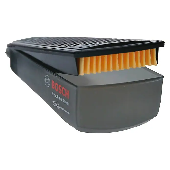 Bosch Filtro de polvo HW3 - Plástico, Específico para: Lijadora PEX 400 AE - La imagen muestra un sistema de microfiltro BOSCH, un producto para la limpieza y el filtrado, con un cabezal de cepillo naranja.
