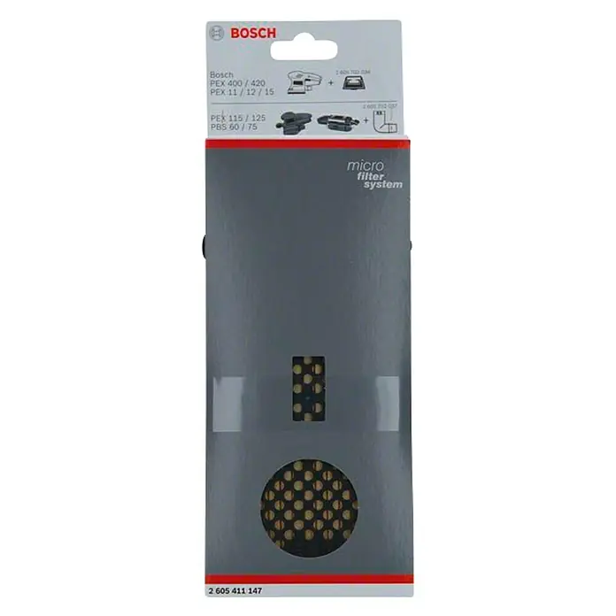 Bosch Filtro de polvo HW3 - Plástico, Específico para: Lijadora PEX 400 AE - Imagen de un paquete de sistema de microfiltro Bosch, compatible con lijadoras, centrado en accesorios y compatibilidad.