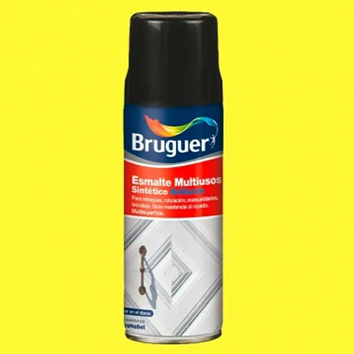 Bruguer Spray para retoques Multiusos - Amarillo limón, Brillante, 400 ml - Imagen de un aerosol Bruguer con esmalte sintético multiusos, ideal para retoques, bricolaje y todo tipo de superficies.