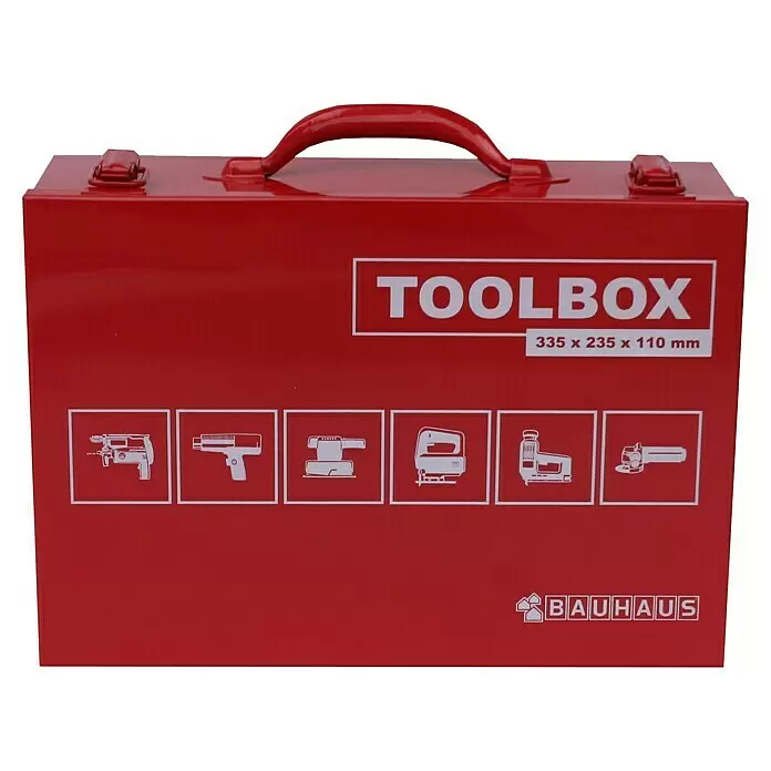 BAUHAUS Maletín para herramientas - 33,5 x 23,5 x 11 cm, Apto para: Herramientas eléctricas universales, Acero - Caja de herramientas metálica roja con asa, cierres, texto "TOOLBOX", dimensiones 335x235x110 mm, iconos de herramientas eléctricas y logotipo "BAUHAUS".