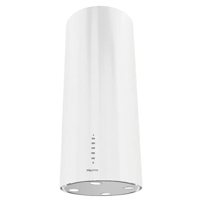 Mepamsa Campana para isla Cylindra Isla Pro - Ancho: 37 cm, Máx. Potencia del ventilador en modo extracción: 575 m³/h, Blanco - Primer plano de una campana extractora cilíndrica blanca de Mepamsa con botones de control e iluminación integrada, para la cocina.