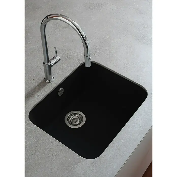 Poalgi Fregadero encastrable Gandía Soft 50 - 44,5 x 54 cm, Material compuesto, Negro, Brillante - Fregadero de cocina moderno con grifo cromado brillante y cubeta negra. Diseño elegante para una cocina con estilo.