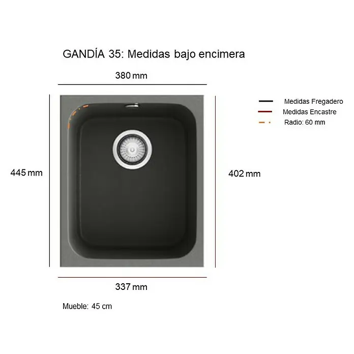 Poalgi Fregadero encastrable Gandía 35 - 44,5 x 38 cm, Material compuesto, Blanco, Brillante - Imagen bajo encimera del fregadero GANDÍA 35 con medidas de 380 mm x 445 mm. El fregadero es rectangular con esquinas redondeadas.