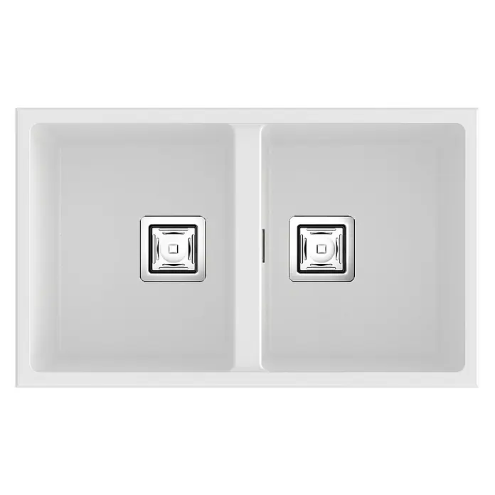 Poalgi Fregadero encastrable Zie 70 - 45 x 75 cm, Material compuesto, Número de cubetas: 2 ud., Blanco - Primer plano de un moderno fregadero de cocina doble blanco con desagües cuadrados, ideal para una cocina elegante.