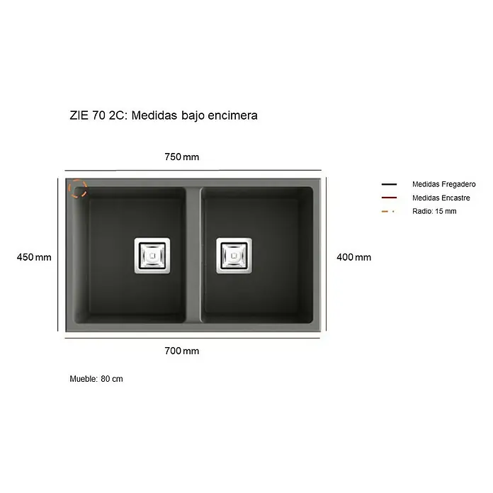 Poalgi Fregadero encastrable Zie 70 - 45 x 75 cm, Material compuesto, Número de cubetas: 2 ud., Blanco - Imagen de un fregadero doble ZIE 70 2C con dimensiones de 750 mm de ancho y 450 mm de profundidad, para instalación bajo encimera, con detalle del radio.