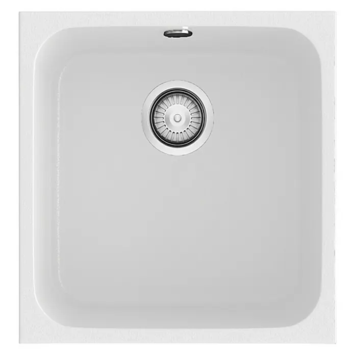 Poalgi Fregadero encastrable Gandía Soft 40 - 44,5 x 44 cm, Material compuesto, Blanco, Brillante - Primer plano de un fregadero de cocina blanco moderno con un desagüe brillante y bordes redondeados.