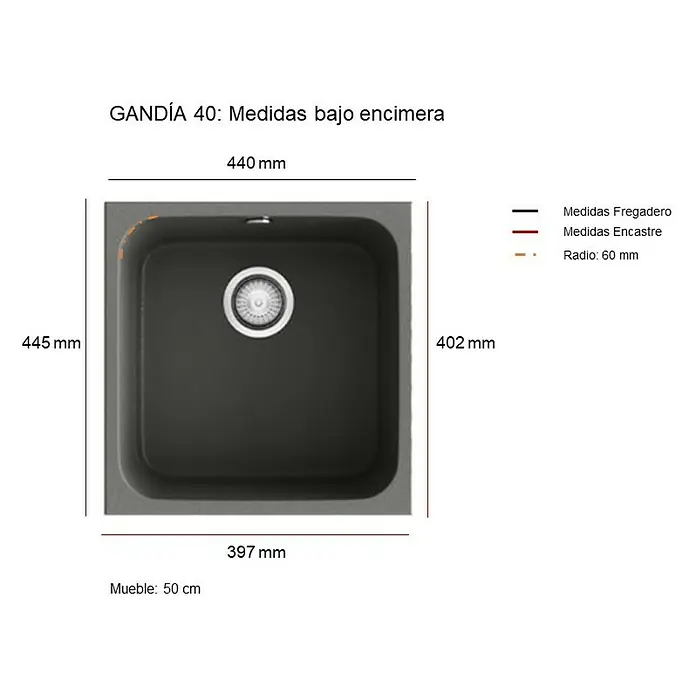Poalgi Fregadero encastrable Gandía 40 - 44,5 x 44 cm, Material compuesto, Blanco, Brillante - Imagen de un fregadero bajo encimera GANDÍA 40, mostrando las medidas del Fregadero (440 mm x 445 mm) y especificaciones relacionadas.