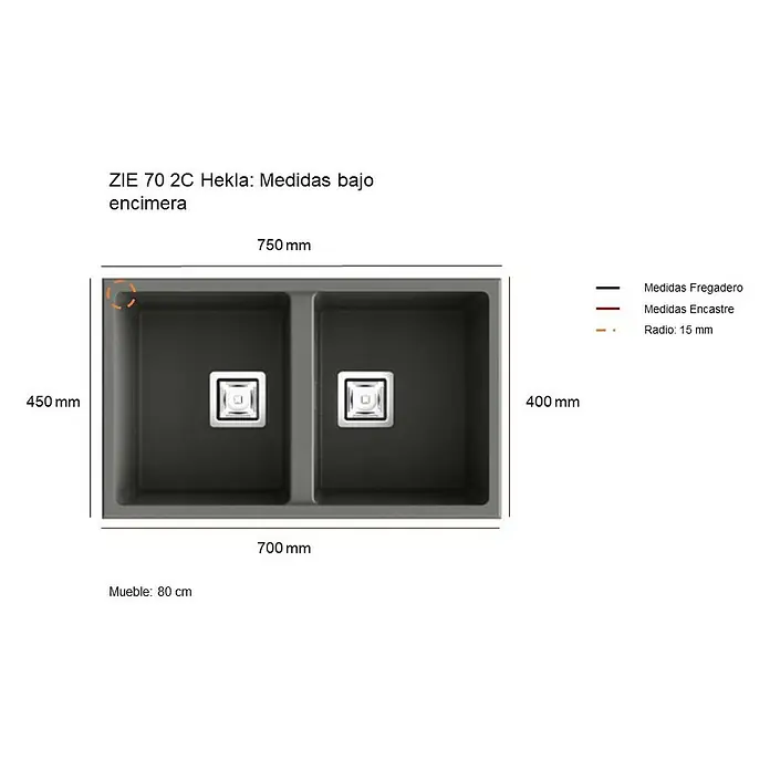 Poalgi Fregadero encastrable Zie Soft 70 - 45 x 75 cm, Material compuesto, Número de cubetas: 2 ud., Negro, Brillante - Diagrama de un fregadero doble ZIE 70 2C Hekla con medidas de instalación, perfecto para cocinas modernas.