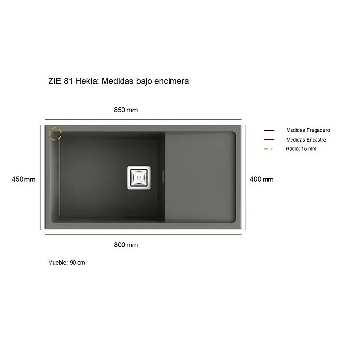 Poalgi Fregadero encastrable Zie Soft 81 - 45 x 85 cm, Material compuesto, Blanco, Brillante - Imagen de un fregadero bajo encimera ZIE 81 Hekla, con unas medidas de 850x450x800x400 mm, perfecto para muebles de 90 cm.