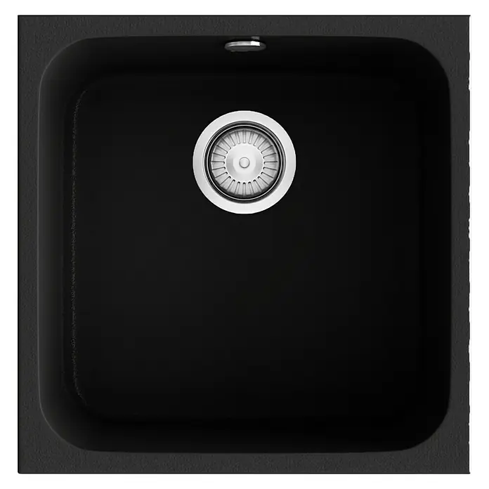 Poalgi Fregadero encastrable Gandía 40 - 44,5 x 44 cm, Material compuesto, Negro, Brillante - Primer plano de un fregadero negro moderno con un desagüe brillante, que combina funcionalidad y diseño elegante para la cocina.